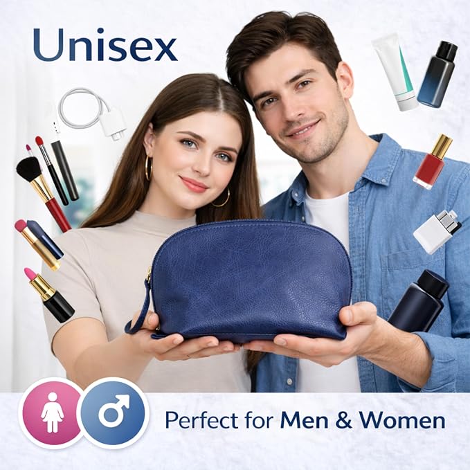 Genuine Leather Toiletry Bag for Men & Women, Navy Blue | Leather Makeup Bag, Travel Dopp Kit Organizer, YKK Zipper, Handmade, 9 x 6 x 4 Inch