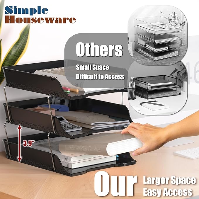 Simple Houseware 3-Tier Stackable Document Letter Tray Paper Organizer - Desk Organizer for A4/Letter Size Documents, File Sorter, Paper Holder, Office Desktop File Storage, Black