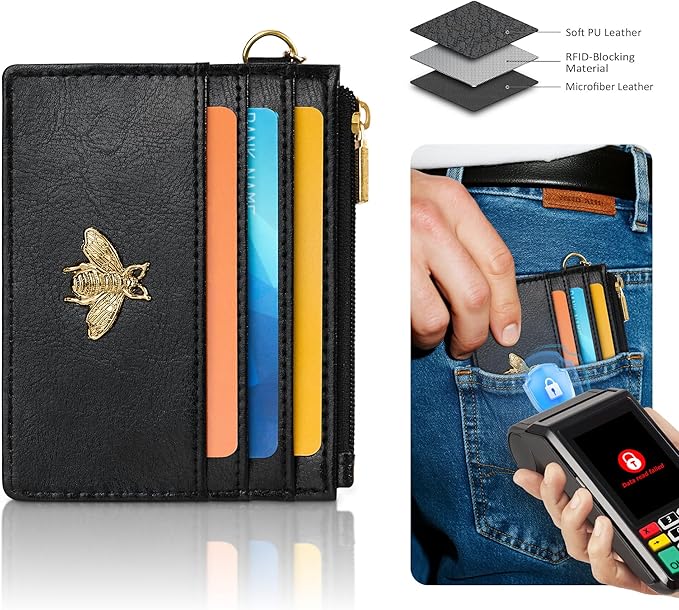 SEAVILIA Card Holder Keychain Wallet for Women with ID Window RFID Coin Purse Bee Gifts Slim Minimalist Small Wallet
