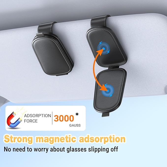 Coolpow 【2-Pack】 Magnetic Sunglasses Holder for Car Visor [Non Slip] Magnetic Glasses Car Holder, car Eyeglass Holder Leather Eyeglasses Clip Compatible with All Glasses
