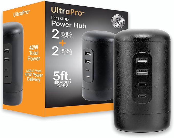 GE USB Desktop Charging Station, 30W 5ft 2 USB C Ports, 2 USB A Ports, Multiport USB Charging Station, USB Desktop Charger Station for iPhone 16 Series, 15 Series, iPad Pro, Smart Watch, Black, 82583