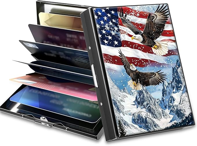 Slim Credit Card Holder, Eagle Iceberg American Flag RFID Blocking Metal Wallet for Men & Women, Aluminum Minimalist Hard Case Pocket-Sized Business Cards Organizer (Fits Up to 10 Cards)