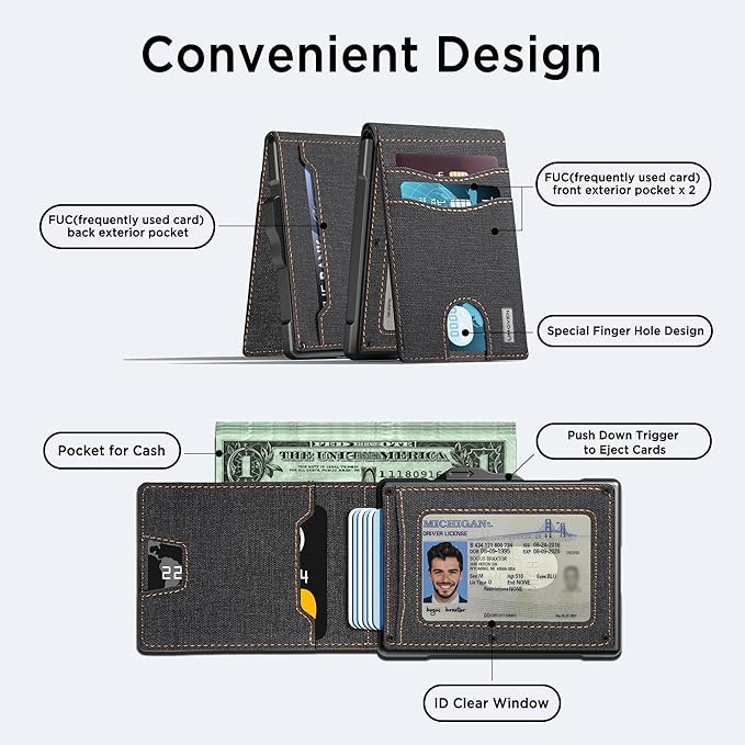 umoven Wallet for Men - Pop Up Case, Cash Slot, and Credit Card Slot - Slim Aluminum Wallet with RFID Blocking, Minimalist Leather Wallet Front Pocket with ID Window (Denim)