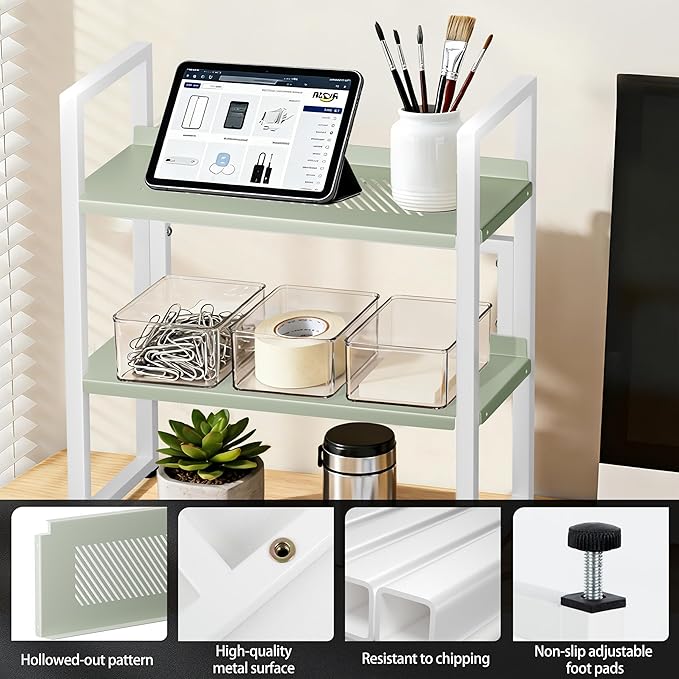 Brakki Desk Shelf Organizer, Adjustable 2 Tier Metal Desktop Shelves, Desktop Bookshelf Organization with Foot Mat, Multi-Functional Small Storage Rack for Office Dorm Home, White and Green