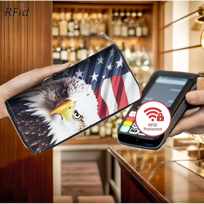 Bxgolkgd Womens Wallet, RFID Blocking Leather Wallet,Large Capacity Wallet Credit Card Holder PU Leather Ladies Clutch with Zipper Coin Pocket - American Flag Eagle