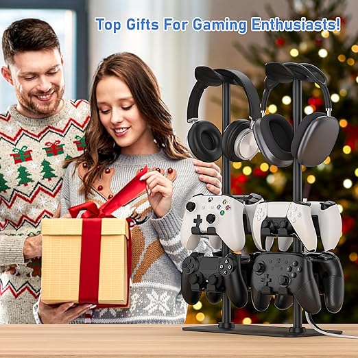 MANMUVIMO Headset Stand Controller Holder for 2 Headset and 8 Controller, Headphone Stand Gaming Controller Holder for PS5 Xbox Airpods Beats Bose, Gaming Room Accessories, Gamer Gifts for Men
