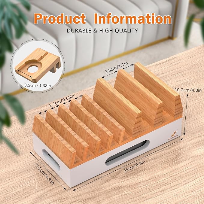 Pezin & Hulin Bamboo Charging Station Organizer for Multiple Devices & Wood Desktop Docking Charging Stand Such As Cell Phone, Tablets, Phone Case and Watch Stand(No USB Charger) (Natural + White)