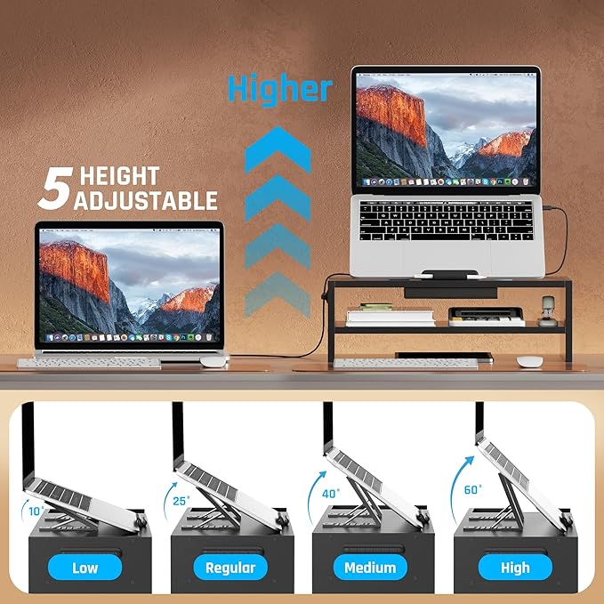 Adjustable Wood Laptop Stand, Ergonomic Height Angles Computer Holder Riser for Desk Compatible with Air, Pro, Dell, HP, Lenovo More 10-17.3" Laptops, Black