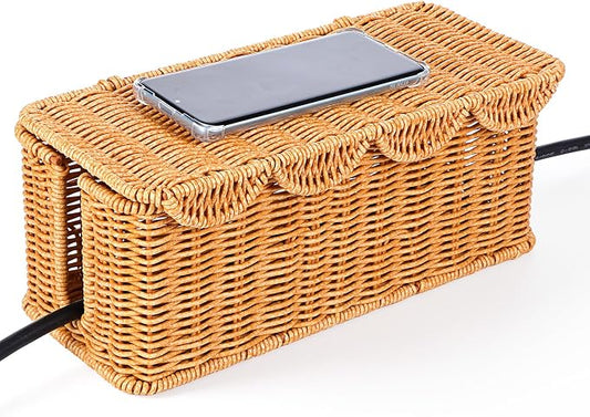 Large Rattan Cable Management Box, Handwoven Cord Hider Box with Lid, 2-Slot Under Desk Organizer for Power Strip, TV Wires, Computer Router & USB Hub, 11.8" x 5.1" x 5.1"