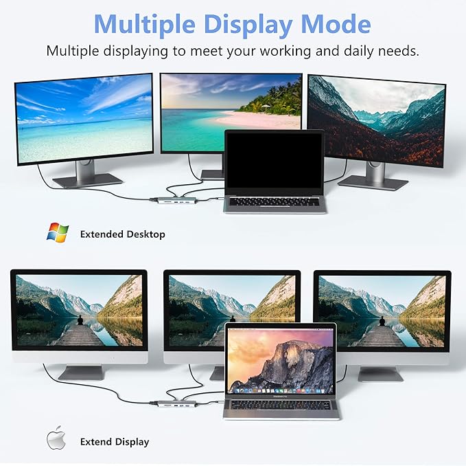 LASUNEY 12 in 1 Hub, Hub Multiport Adapter Dongle with 2 HDMI, DisplayPort, RJ45, SD/TF, USB C/A Ports, PD, Mic/Audio, Compatible for MacBook Dell HP Lenovo