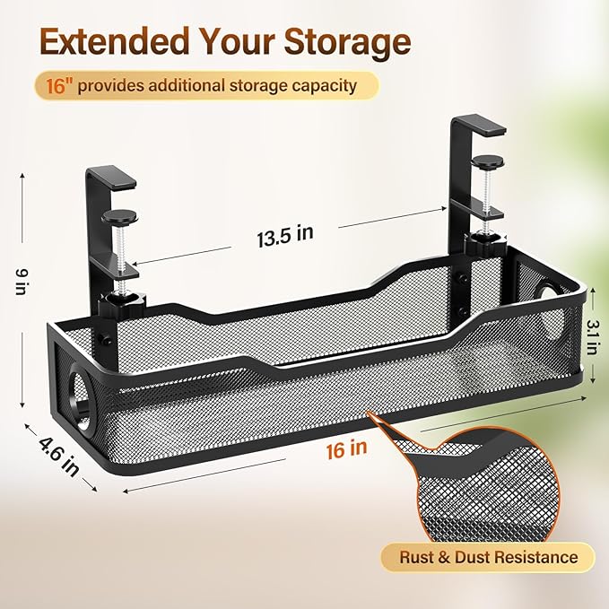 Under Desk Cable Management Large, Cinati 16" Cable Management Box for Table Thickness up to 3", Wire Cord Organizer with Clamp No Drill, No Damage to Desk (Black)