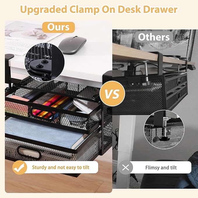 Sliding Under Desk Drawer Organizer No Drilling 2 Drawers Slide Out Desktop Or Under Table Storage Metal Clamp On Desk Drawer Attachment Anti-Slip Under Desk Organizer for Home & Office