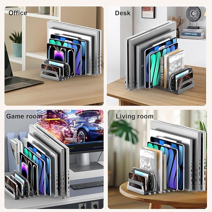 Elestoria 10-Slot Vertical Laptop Stand & Holder ??Adjustable Aluminum Laptop Stand Vertical for Desk Fits 10 Devices, MacBook & Gaming Laptops (Up to 17.3?? ??Space Saving Laptop Storage Rack - Grey