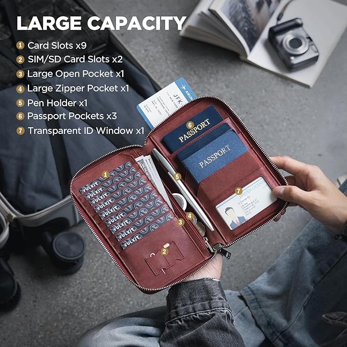 VULKIT Passport Holder for Travel Family, Multiple Travel Document Holder Wallet for a Family of 3-4, RFID Blocking Passport Bag, Document Organizer Pouch for Credit Cards, ID, Sim Card, Cash, Coins