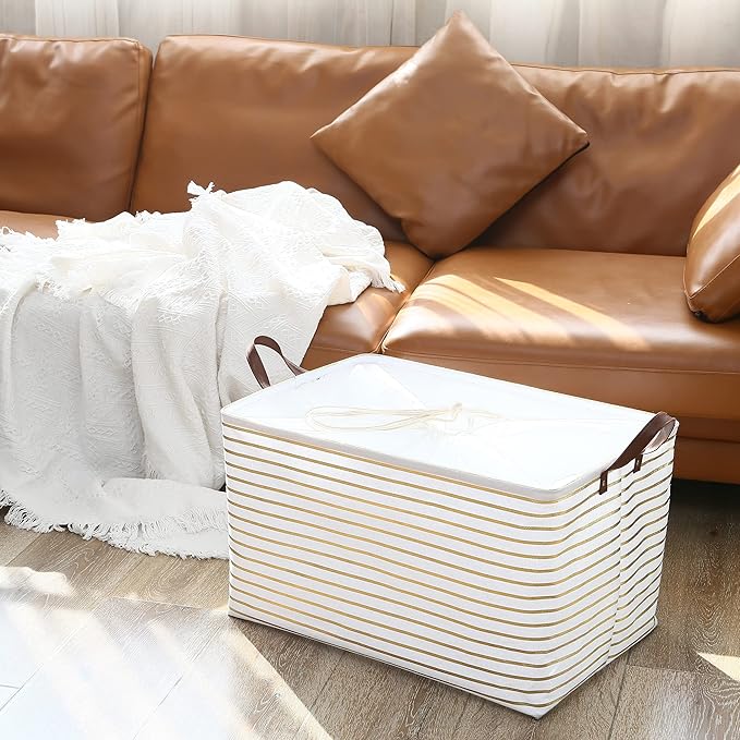 Hinwo 70L Extra Large Storage Bins, 2-Pack Closet Organizers and Storage, Foldable Clothes Storage Baskets with Handles, Containers for Clothing, Blanket, Comforters, Toys, Bedding (Gold Stripe)