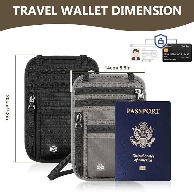 Likesing 5.5" L x 7.8" W Travel Neck Wallet, RFID Blocking Passport Holder for Travel Women Men, Security Lightweight Passport Travel Wallet, Neck Pouch Gifts for Traveling Family (Blue)