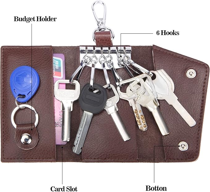 BAKUN Compact Leather Car Key Case, Key Holder Key Organizer Wallet, With 6 Hooks(Brown)