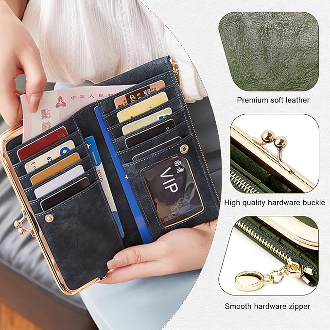 Vintage Wallets for Women Large Bifold Kiss Lock Wallet for Women Leather Zip Clutch Coin Purse