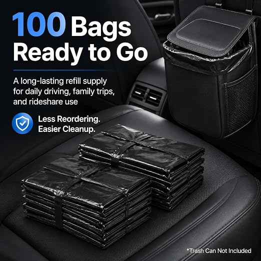 Disposable Car Trash Can Bags, Liner Refills (1-Pack, 100 Bags Total) - for HOTOR Car Garbage Can(Trash Can Not Included) Black