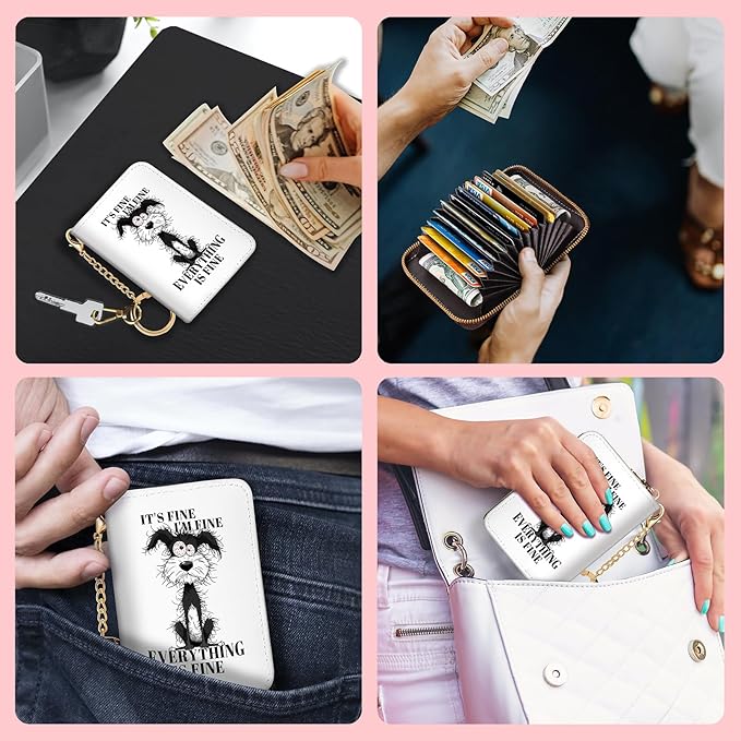 Blusabaca Funny Dog Credit Card Holder for Women, Small RFID Wallet with Zipper, Card Keychain Wallet, Leather Wallet Card Case, Business RFID Blocking Accordion Purse Wallet Gift I'm Fine