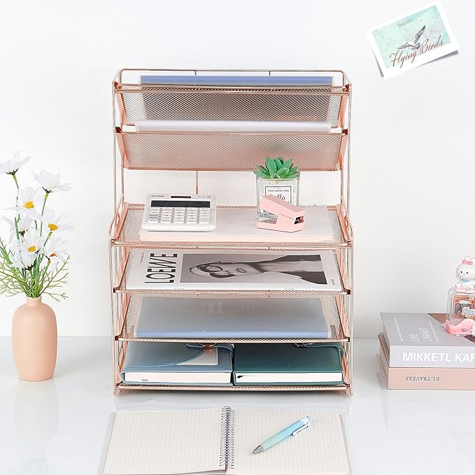 OPNICE Desk Organizers and Accessories, 6-Tier Letter Tray Paper Organizer, Desktop File Organizer, Office Desk Accessories for Office Supplies (Rose Gold)