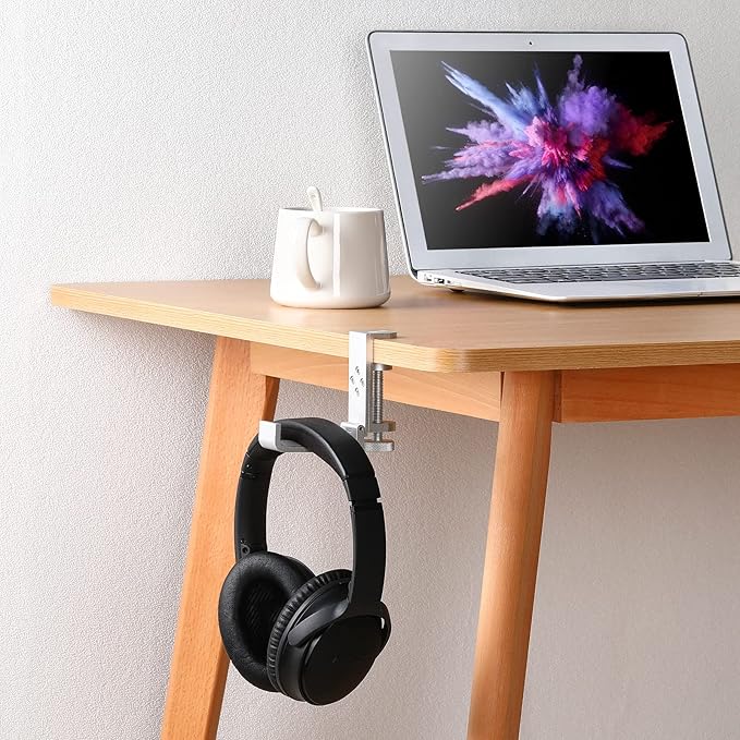 Foldable Headphone Stand Hanger Holder, Universal Headphone Clamp Hook, Under Desk, Save Space, Aluminum, Platinum Silver