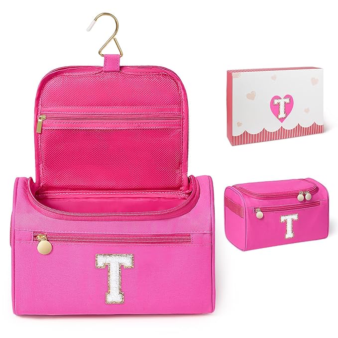 COSHAYSOO Summer Birthday Gifts for Women Her Beach Vacation Gift Ideas Personalized Travel Size Toiletries Organizer, Large Hanging Toiletry Bag Skincare Case Waterproof Traveling Hot Pink Letter T