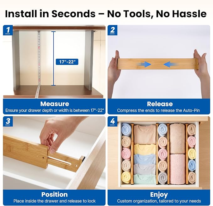 4 Pack Drawer Dividers, 2.36" Bamboo Expandable Drawer Organizers, 17-22" Adjustable Tension Separators, Standard Drawer Dividers for Kitchen, Bedroom Dresser, Baby Nursery & Bathroom