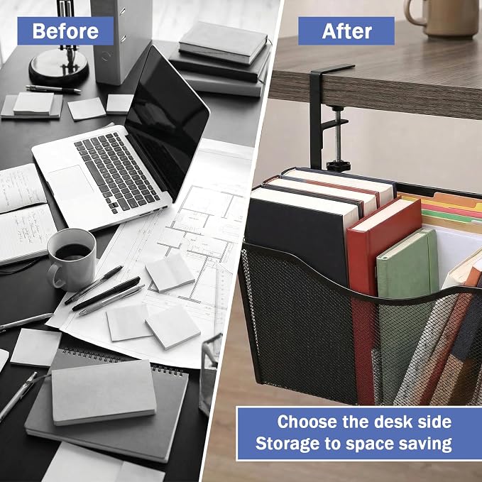 Under Desk Drawer Clamp On Mesh Metal Desk Side Storage Hanging Organizer with Adjustable F-Clamp for Office Home, Black
