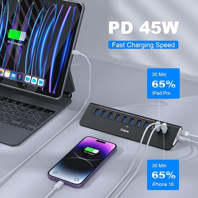 Powered USB Hub 10Gbps, Intpw YH9AC Plus 13-Port USB 3.2 Hub(USB A/USB C 3.2+6 USB-A 3.0+2 PD 45W Fast Charging Ports+SD/TF Card Reader), 65W Power Adapter,Aluminum USB HUB for PC,Laptop,iPhone 17/16