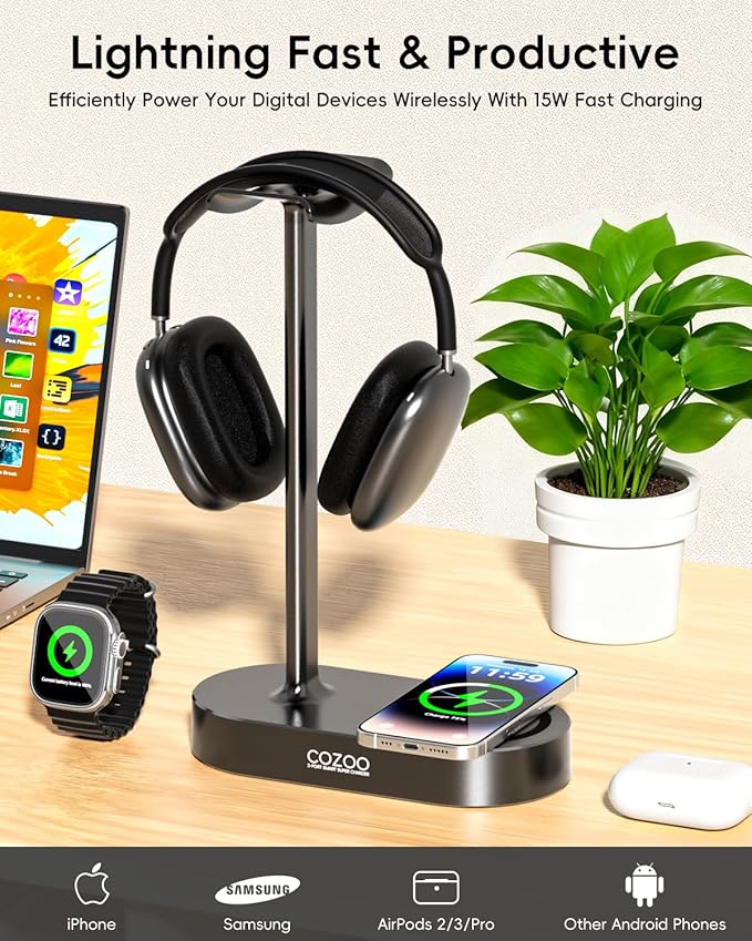 cozoo 15W Wireless Charging Headphone Stand with USB & Type-C Ports, Desktop Gaming Headset Holder, Cool Gaming Accessories & Tech Gifts for Men Teen Boys,Gamer Gifts, for Boyfriend and Teens