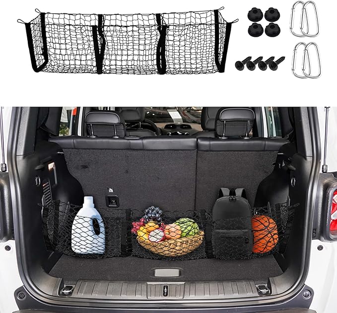 Cargo Net Trunk Bed Organizer, Mesh Storage Net with 4 Metal Buckles, Expandable 3 Pocket Heavy-Duty Cargo Net Organizer Trunk Accessories Universal Fit Car SUV Pickup Truck