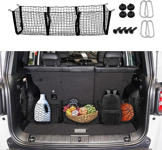 Cargo Net Trunk Bed Organizer, Mesh Storage Net with 4 Metal Buckles, Expandable 3 Pocket Heavy-Duty Cargo Net Organizer Trunk Accessories Universal Fit Car SUV Pickup Truck