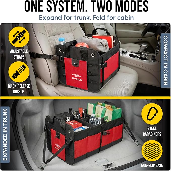 2-Section Foldable Trunk Organizer – Compact Car Storage for Groceries, Kids Items, Travel Gear – Dual-Compartment Cargo Bin with Cover Net – Red