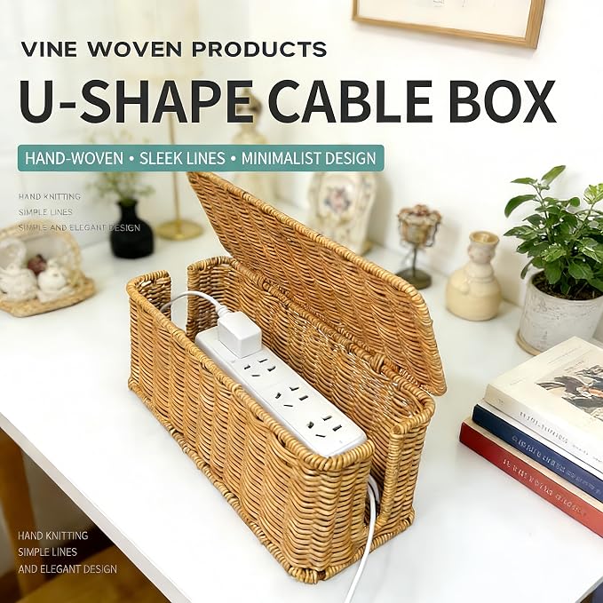 Rattan Woven Cable Management Box, 12.4"x5.1"x5.1" Farmhouse Style Power Strip Organizer, TV Stand Desk Cord Storage Box, Desktop Wire Organizer, PP and Iron Frame, Natural Color (Light)