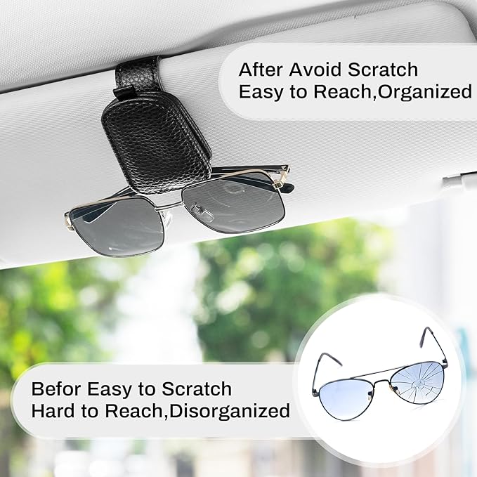 SINGARO Sunglasses Holder for Car, Leather Magnetic Buckle Sun Visor Sunglass Clip, Ticket Card Storage Glasses Clip, Car Interior Accessories for Men and Women（2PCS Black）