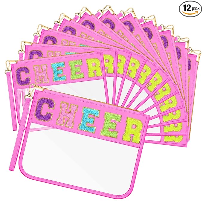 Abbylike 12 Pcs Snack Bags Clear Chenille Letter Cheer Zipper Pouch Waterproof PVC Large Travel Makeup Cosmetic Storage Organizer Bag for Mom Team Cheerleaders Teacher (Pink)