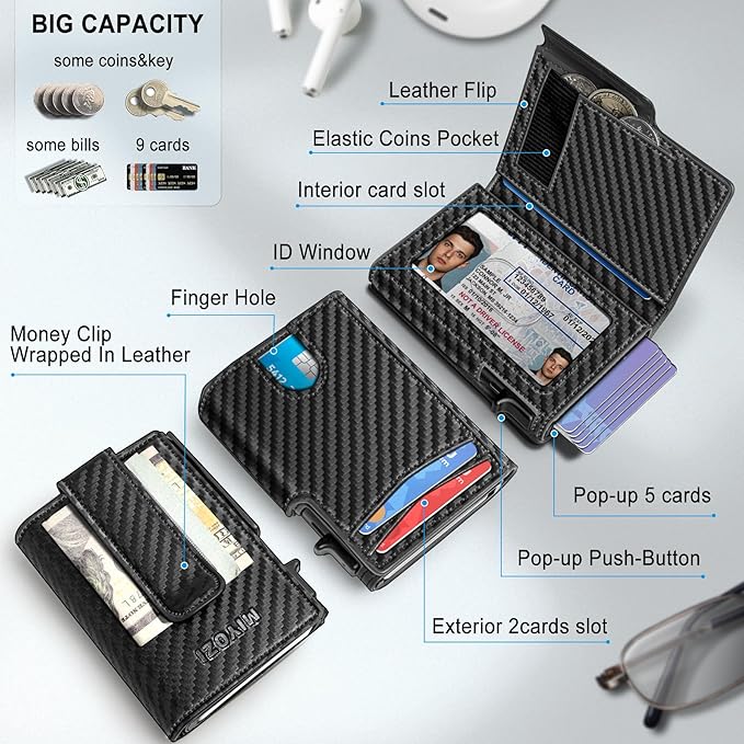 miyozi Men Wallet,with Money Clip Coins Pocket ID Window,Slim Front Pocket RFID Blocking Pop-up Card Holder 3.9"x 2.7", Gift Boxed