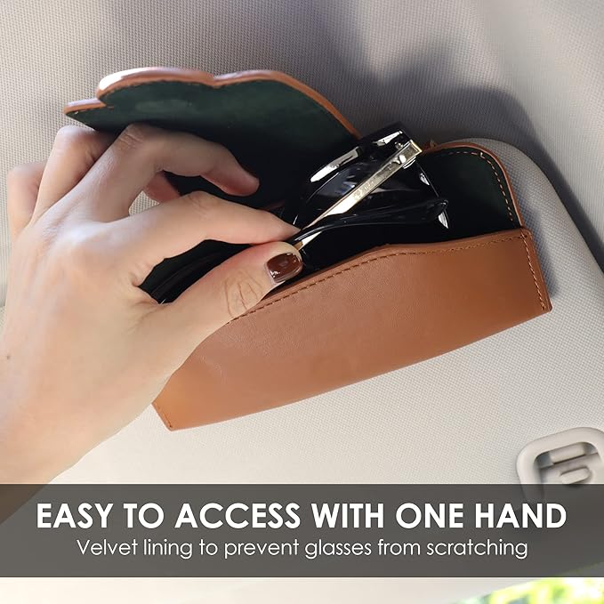 KINIVA Sunglasses Holder for Car Visor Leather Glasses Case with Clips for Car Visor Automotive Interior Visor Accessories Apply to All Car Models (10 Brown)