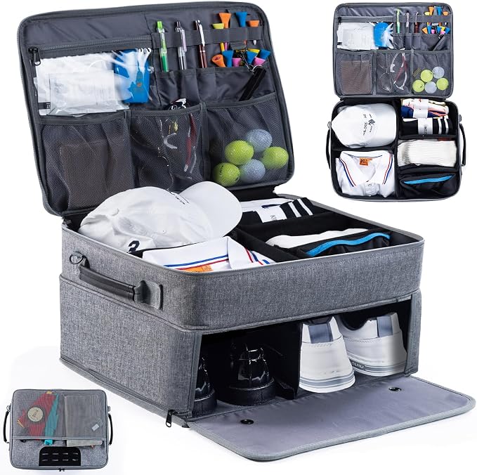 Upgraded Trunk Organizer - Separate Compartment for 2 Pair Shoes, Car Locker Organizer for Golf Balls, Gloves, Accessories