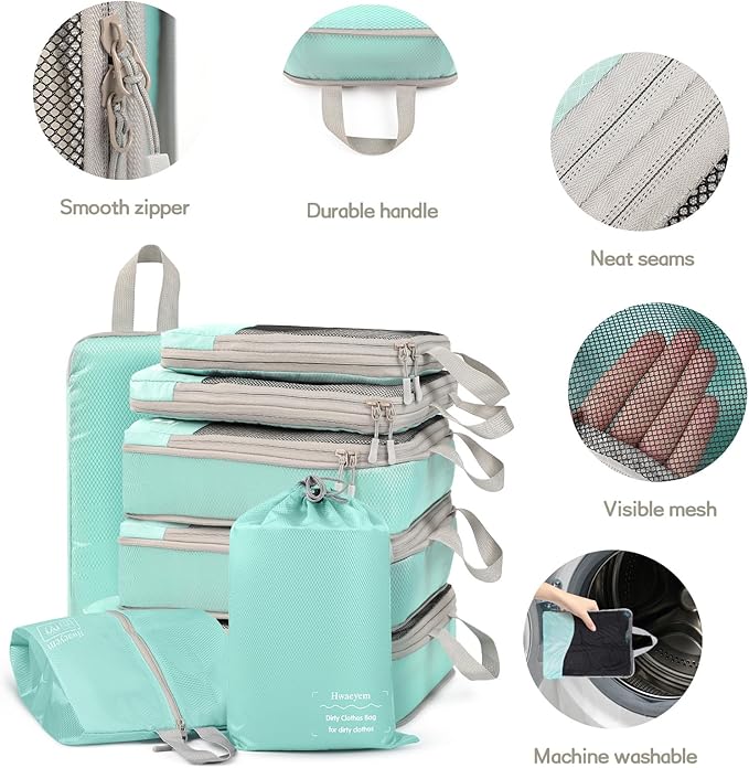 Compression Packing Cubes 8 Set, Dual Zipper Compression Packing Cubes for Travel, See-Through Mesh Packing Bags for Suitcases, Compression Cubes with Shoe Bag
