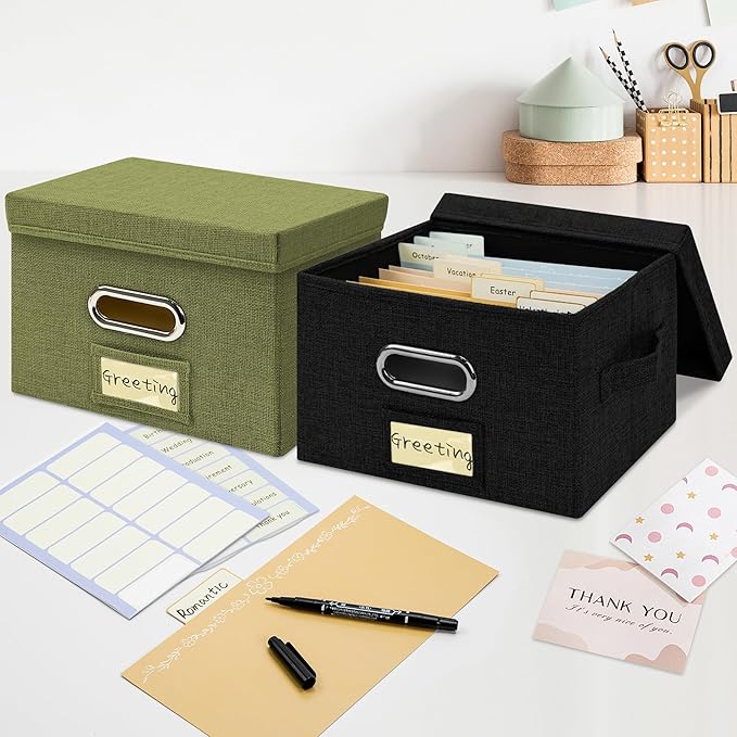 Greeting Card Organizer and Storage Box with 40 Pcs Adjustable Dividers, Storing Cards with 168 Pcs Labels Perfect for Storing Greeting Cards, Envelopes, Photos 2 Pack Black