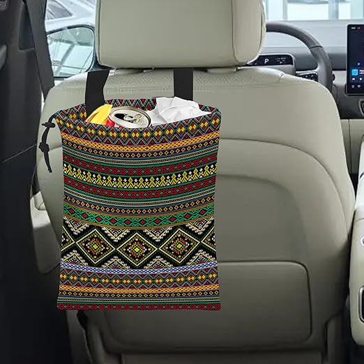 Car Trash Bag Hanging Green Ethnic Style Car Trash Can Waterproof Garbage Bag Hanging for Car Back Seat