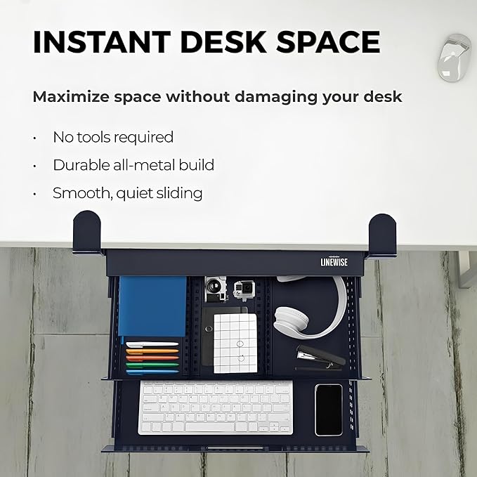 Under Desk Drawer – Clamp-On No-Drill Metal Organizer, Slide-Out Storage for Home & Office Desks