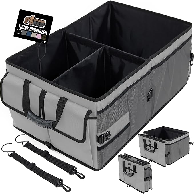 GORILLA GRIP Large Capacity Sturdy Trunk Storage Organizer, Slip and Water Resistant Collapsible Organization Container for Car Sedan or SUV, Multi Compartment Box Vehicle Accessories, Gray