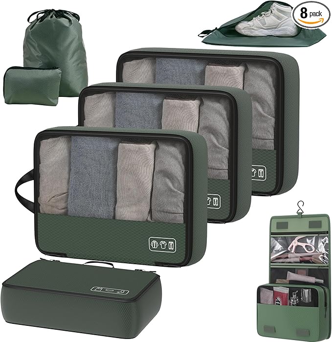 8-Piece Compression Packing Cubes for Travel, Trendy Luggage Organizer Set for Young Travelers, Space Saving for Carry-On, Suitcase, Vacation & Weekend Trips - Avocado Green