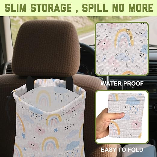 Car Trash Bag Abstract Rainbow Cloud Leak-Proof Waterproof Car Garbage Bag with Drawstring Foldable Canvas Trash Bin with Adjustable Buckle for Car Accessories, Travelling, Camping
