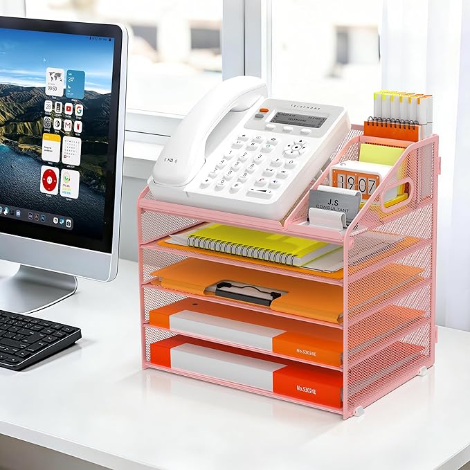 DocNest 5 Tier Metal Mesh Letter Tray - Space Saving Desk File Organizer with Handle, Pen Holder & Folder Holder - Desktop Document Sorter for Office, Home, School, Classroom - Pink