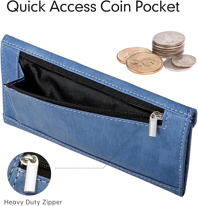 RFID Blocking Envelope Wallet, Vegan Leather Ultra Slim Trifold Multi-Card Holder with 2 ID Windows, Zippered Coin Pocket, Haze Blue