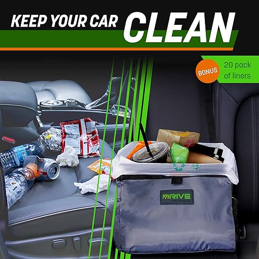 Drive - Car Trash Can - Collapsible, Leakproof Garbage Bin with Adjustable Strap and 20 Trash Bags - Car & Truck Accessories for Men and Women - Grey with Lid